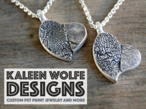 Kaleen Wolfe works closely with her clients to create custom, one-of-a-kind jewelry. One of her specialties? Nose print and paw print jewelry!